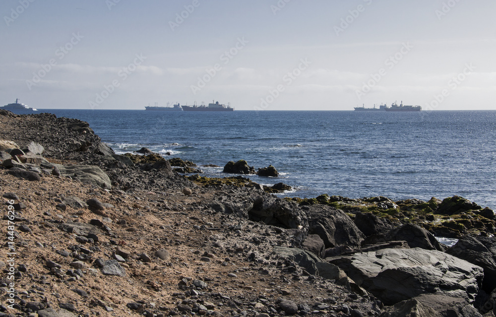 Sea coast. Background: some ships on the horizon.