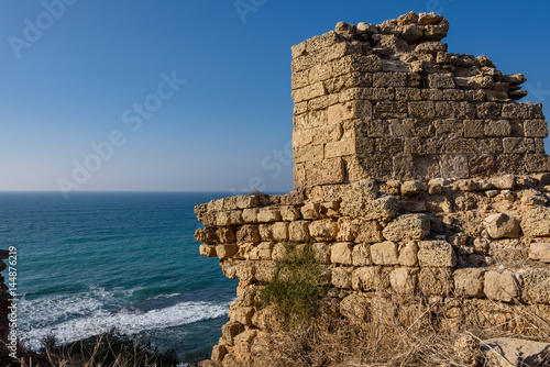 Remains of the crusader fortress in Apollonia, an ancient city in Helenistic and Roman Judea. It was situated on a cliff above the Mediterranean Sea about 34 km south of Caesaria. 