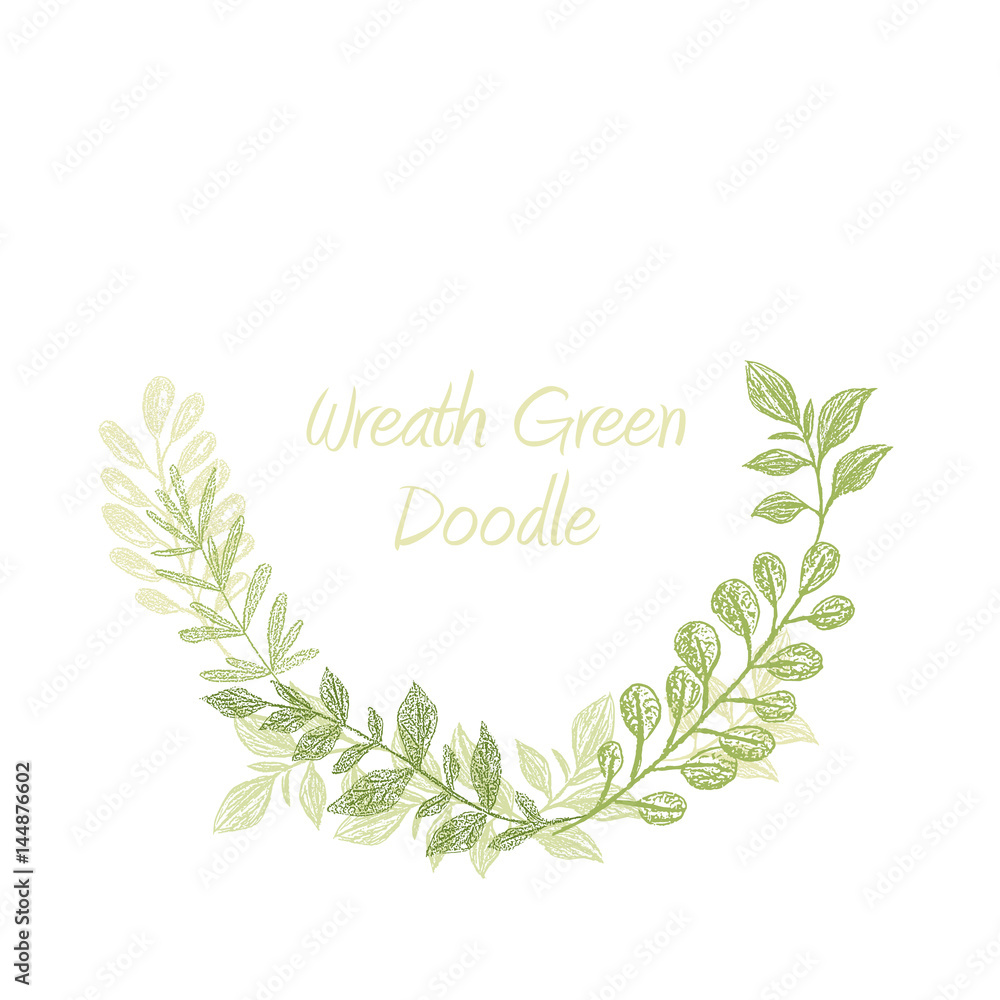 Greenery doodle semicircle wreath vector isolated on white background. Green floral hand drawn frame. Leaf border, card template