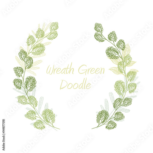 Green scribble leaf wreath vector, greeting card template. Floral card design. Hand drawn frame