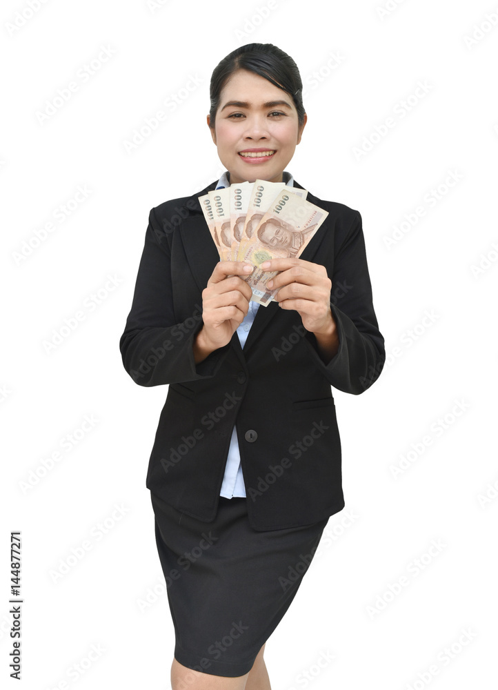 Happy business woman holding money isolated on white background. Happy business woman holding money isolated on white background.