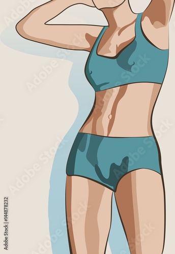 Beautiful sexy fitness girl. Pretty fit woman posing. Vector illustration. Blue swimsuit