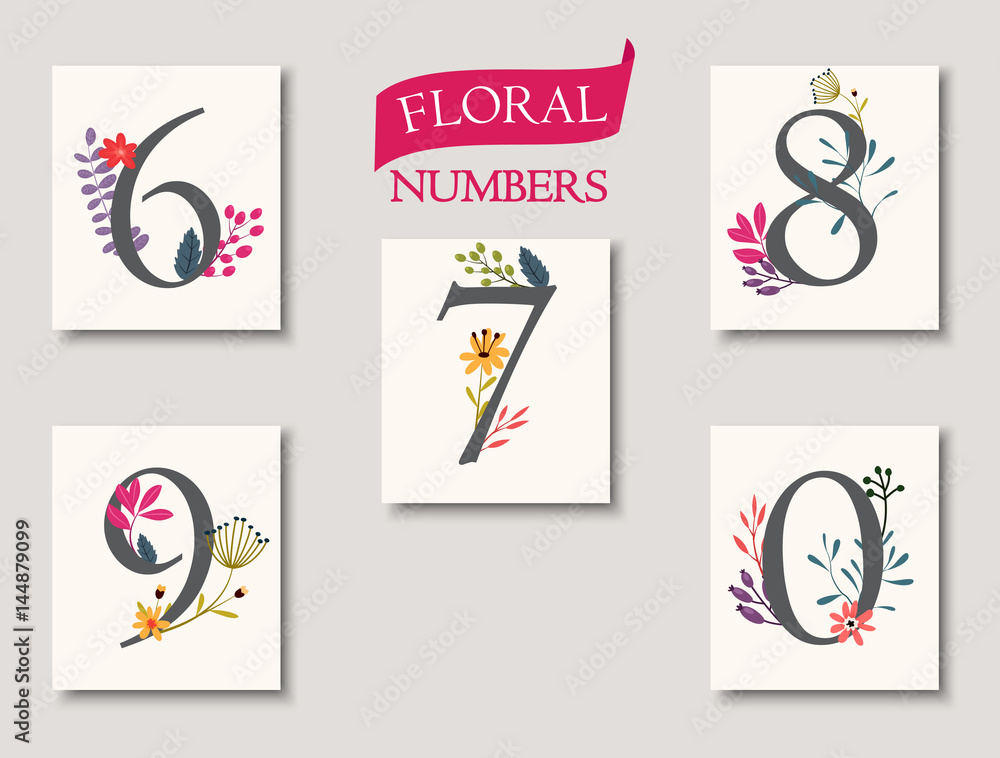 set of beautiful flowers and numbers for wedding invitations and birthday cards