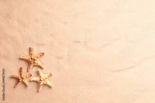 Sea star fish on beach sand texture. Summer vacation background with copy space.