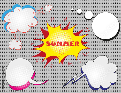 Vector colorful speech bubbles with text. hello summer