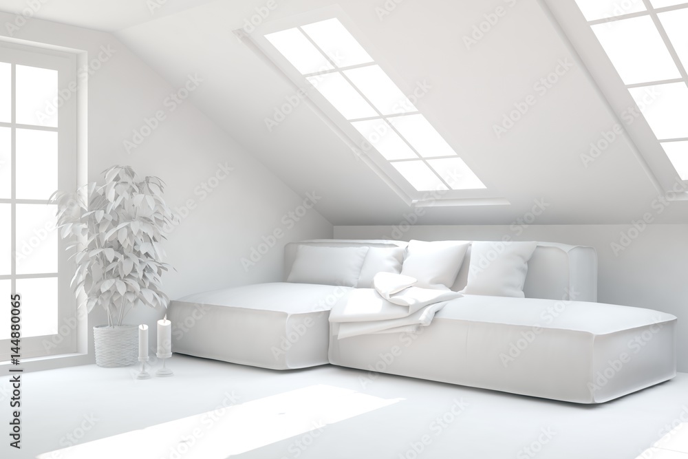 White room with sofa. Scandinavian interior design. 3D illustration White room with sofa. Scandinavian interior design. 3D illustration