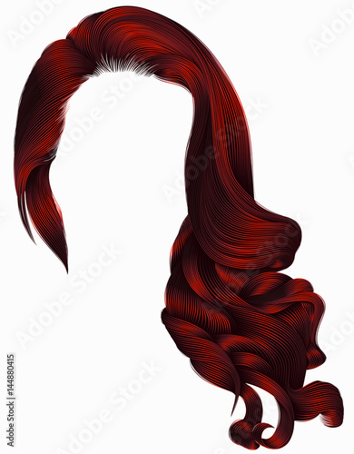 woman trendy long curly hairs wig red colors .  retro style . beauty fashion . realistic 3d .