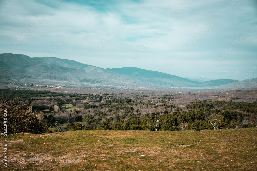 Lanscape of trees and we can see the sky blue next to the mountain