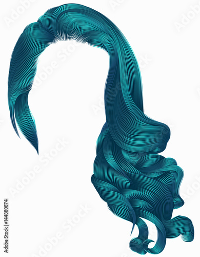 woman trendy long curly hairs wig blue colors .retro style . beauty fashion . realistic 3d .