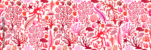 Undersea world. Seamless vector pattern with corals and fantasy plants.