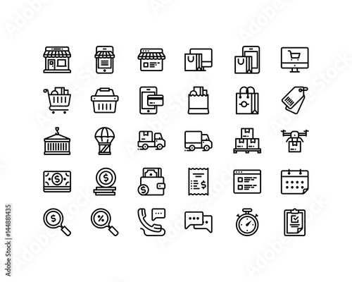 Shop and delivery icon set, outline style