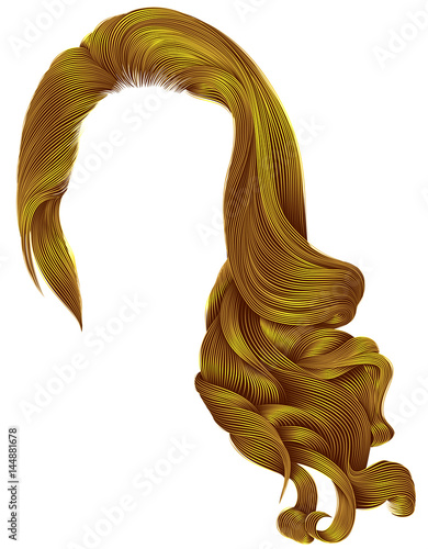 woman trendy long curly hairs wig bright yellow colors .retro style . beauty fashion . realistic 3d .