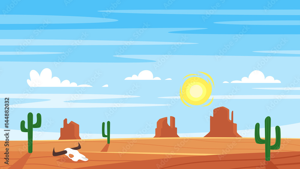 Fototapeta Cartoon style background with hot west desert