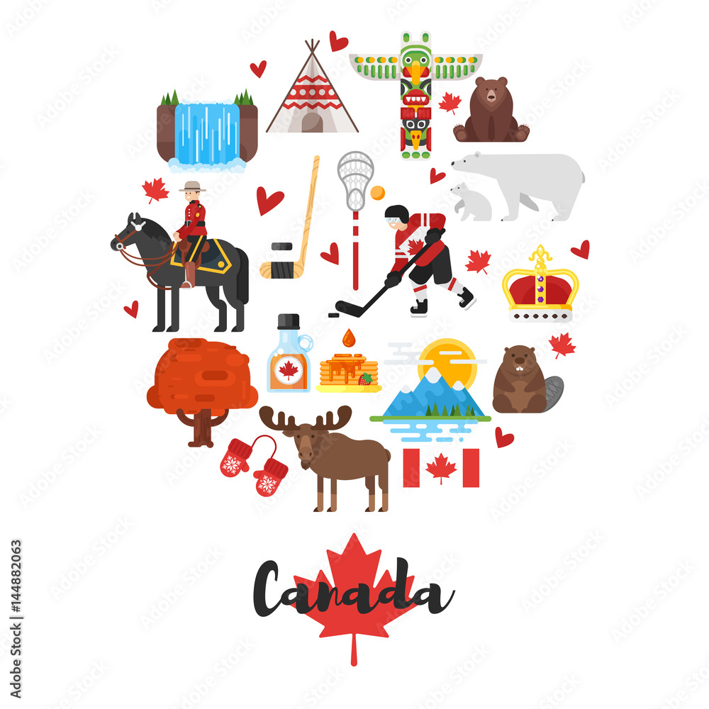 Obraz premium Vector flat style set of Canadian national cultural symbols.