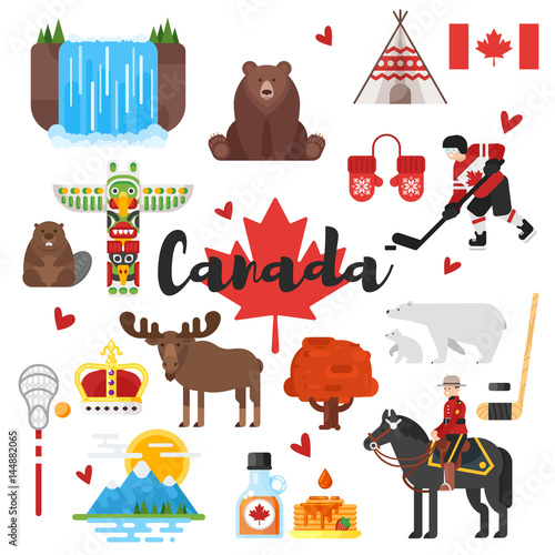 Vector flat style set of Canadian national cultural symbols.