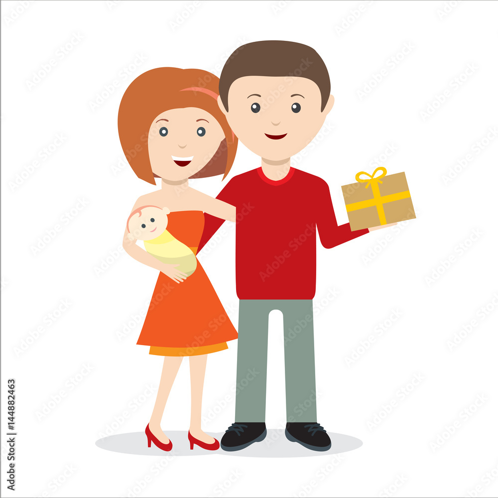 Young couple with child and gift happy Young couple with child and gift happy