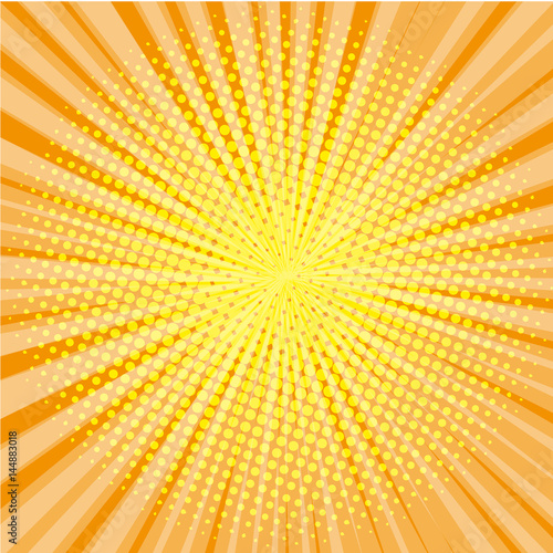 Pop art style halftone explosion with light rays.