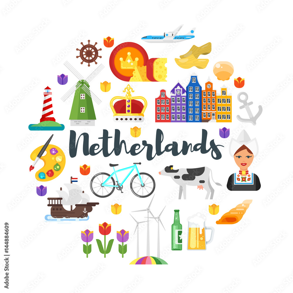 Vector flat style circle shape composition of Netherlands national cultural symbols.