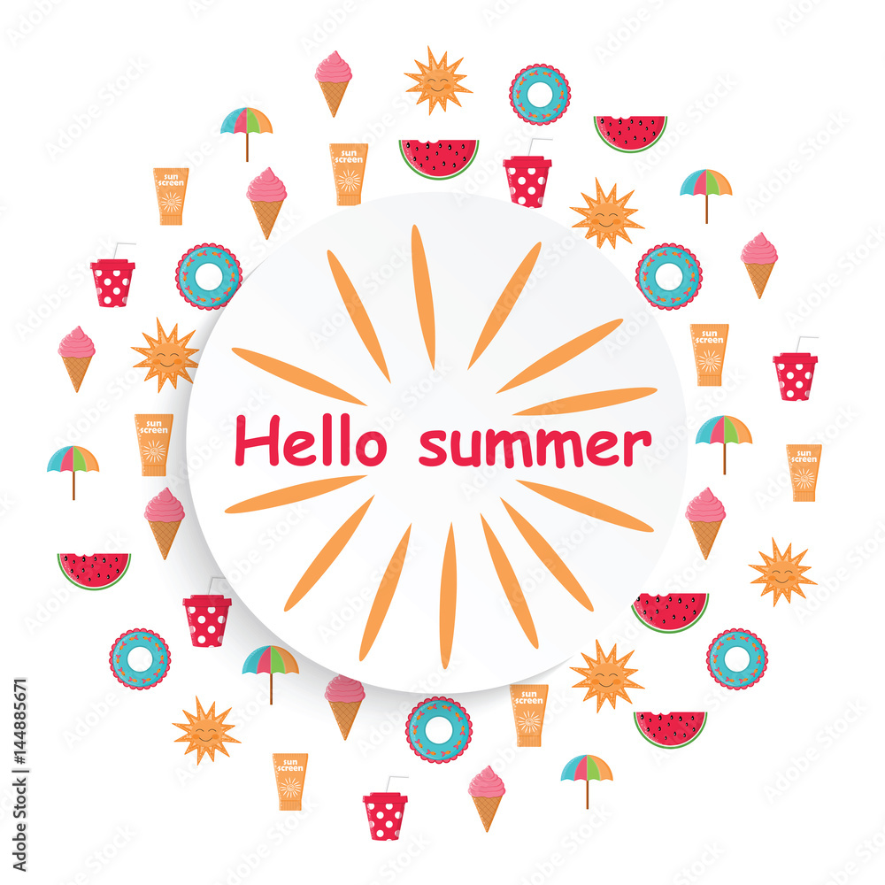 Summer time vector background with colorful beach elements in white background