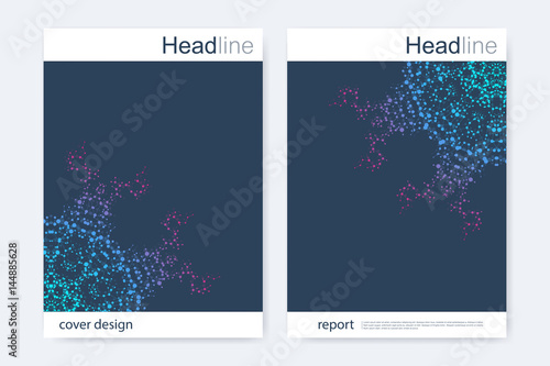 Scientific brochure design template. Vector flyer layout, Molecular structure with connected lines and dots. Scientific pattern atom DNA with elements for magazine, leaflet, cover, poster design.