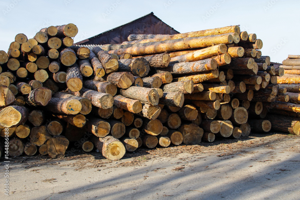 Stack of construction raw timber in sawmill yard Stack of construction raw timber in sawmill yard