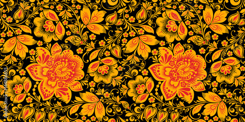 Russian national hohloma style seamless pattern vector in traditional black, red and gold colors. Classic khokhloma, national ornament. Floral art decor photo