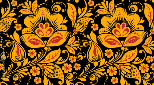 Hohloma style seamless pattern vector in classic black, red and gold colors. Classic khokhloma, national ornament