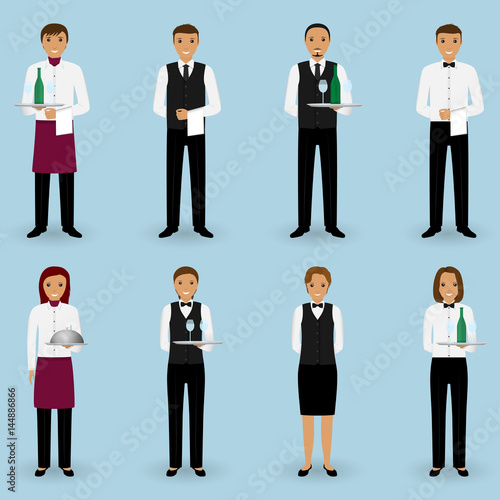 Set of waiter and waitress couple characters standing on a light blue background. Restaurant people concept.