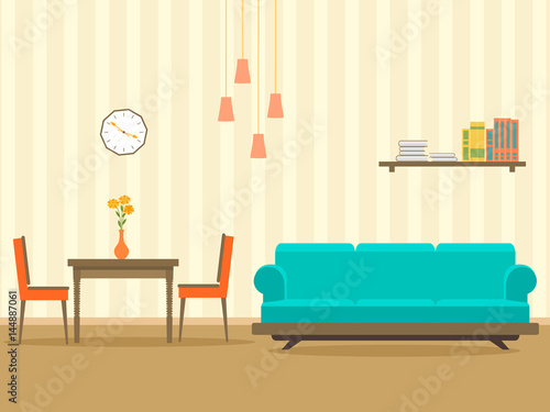 Interior design in flat style of living room with furniture, sofa, , table, bookshelf, flower, lamp and clock.