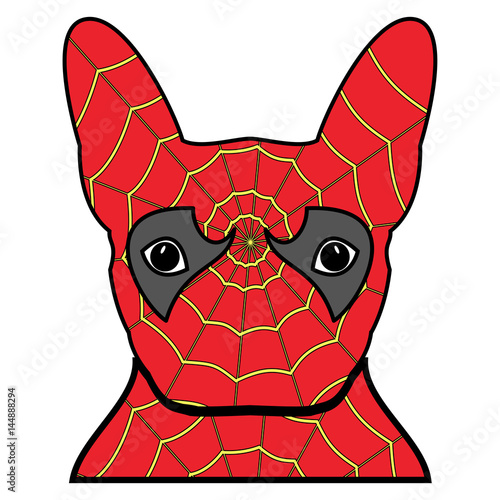 Superhero symbol  as  a French bulldog  character in red and yellow covered with spider web on white background 

