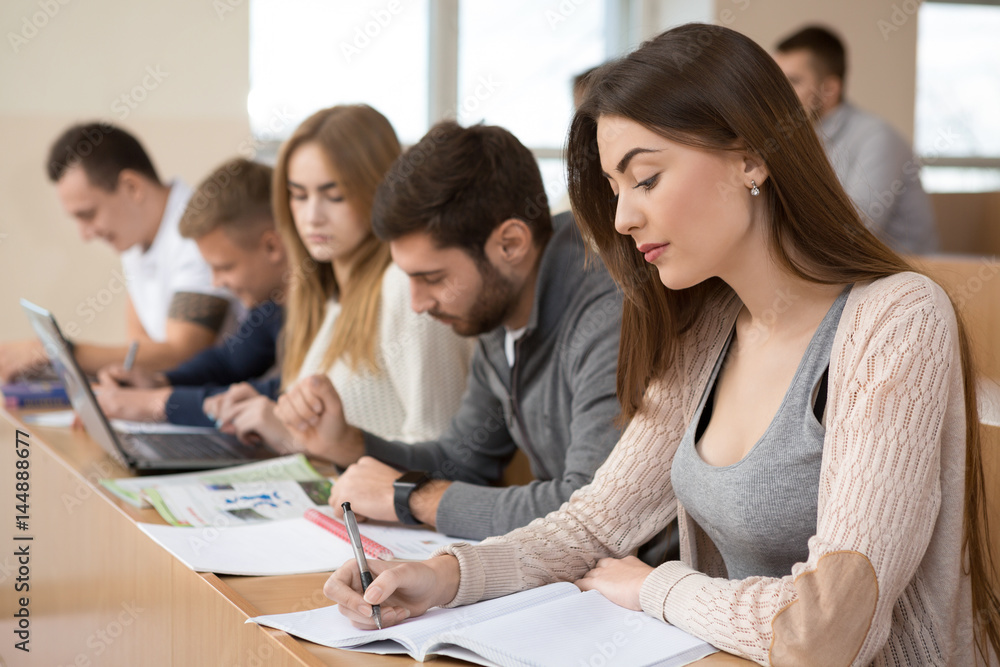 Group of students during the lecture in the university auditorium Group of students during the lecture in the university auditorium