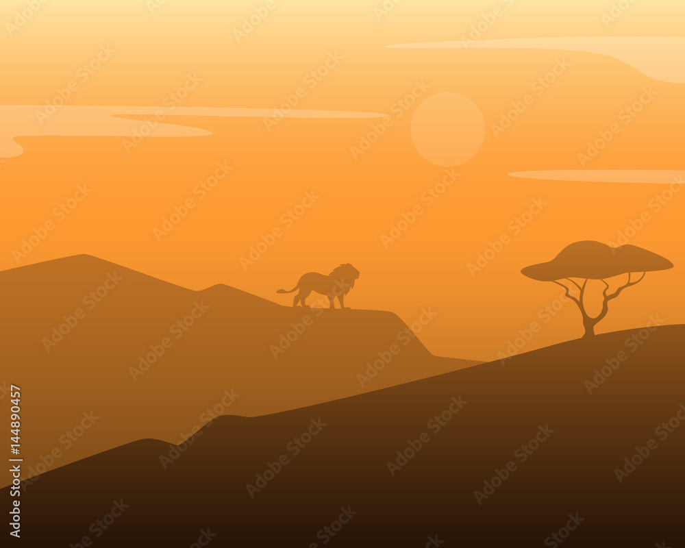 Fototapeta premium African hot landscape with lion and tree. Vector illustration