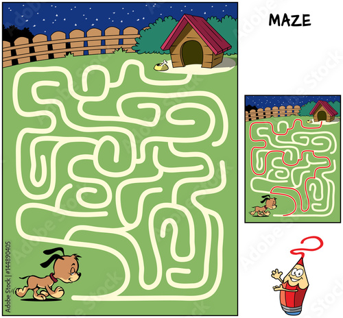 Help the sleepy puppy to reach his doghouse. Educational maze game for children. Cartoon vector illustration