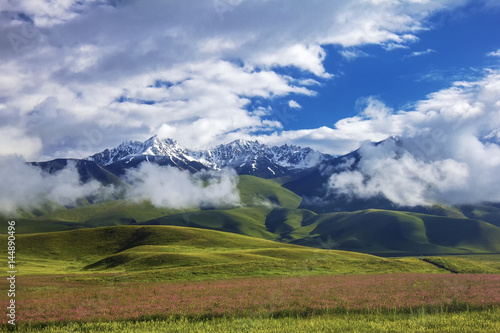 Snow-covered mountains and green meadows. Beautiful Kyrgyzstan.