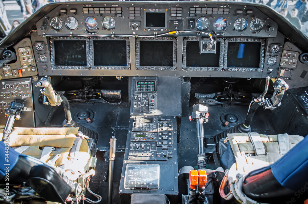 Cabin helicopter view of the panel instruments and the steering wheel