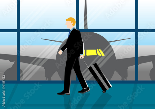 Simple business cartoon illustration of a businessman at the airport just arrive from his trip
