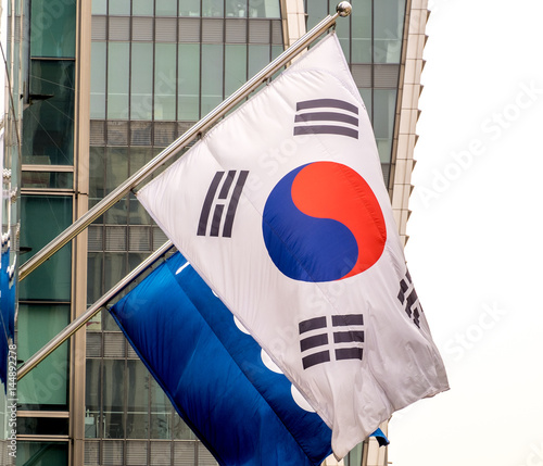 Photography Flag of the Republic of Korea, flying on a building in Seoul
