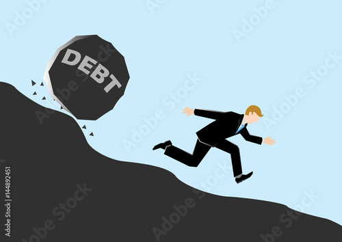 Simple business cartoon illustration of a businessman chased by debt
