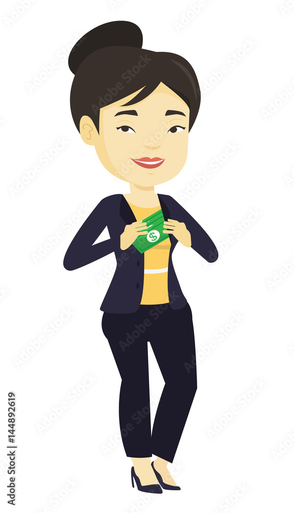 Business woman putting money bribe in pocket. Business woman putting money bribe in pocket.