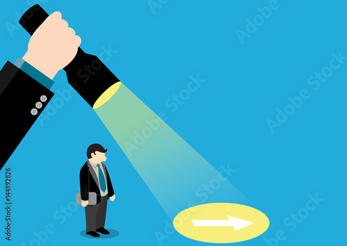 Simple business cartoon illustration of a businessman help by hand that use flashlight to guide him to see the direction.