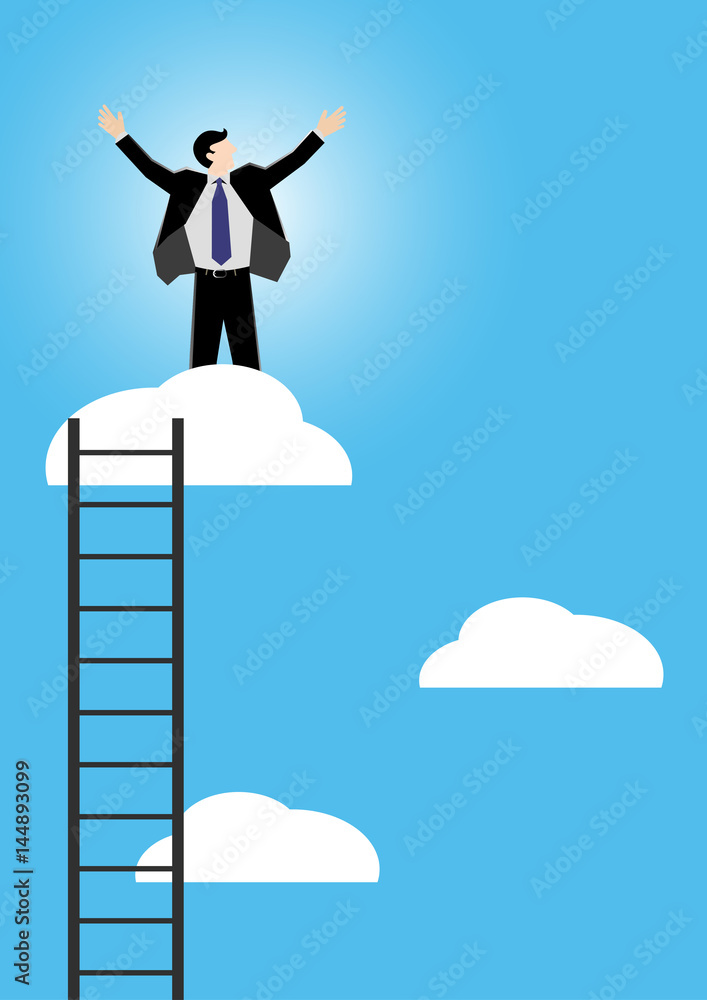 Simple business cartoon illustration of a businessman standing on cloud ...