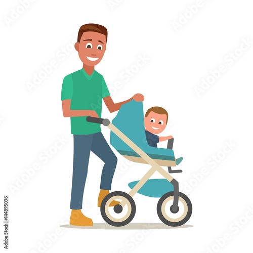 Father carries child in a baby carriage. Color flat vector
