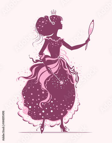 Beauty princess looks at herself in the mirror. Vector silhouette illustration.