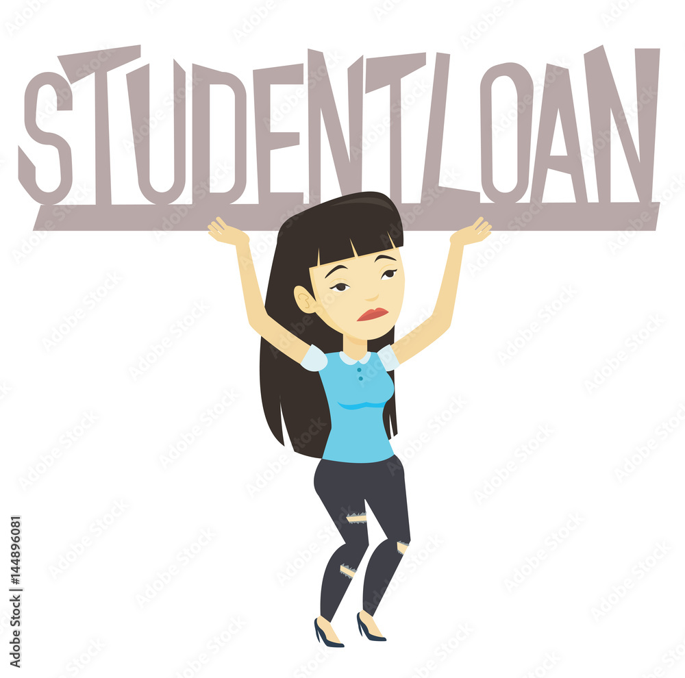 Young woman holding sign of student loan. Young woman holding sign of student loan.