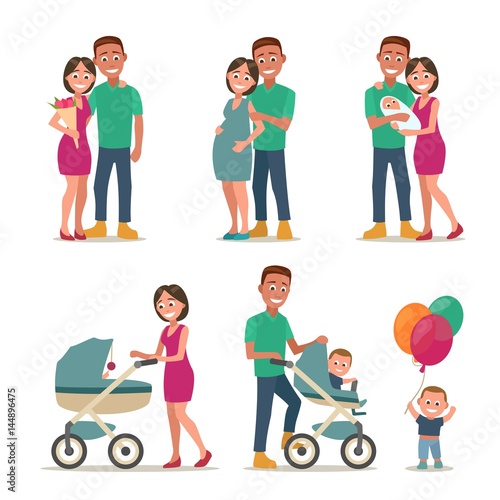 Stages of creating family. Love, pregnancy, birth. Couple and child.