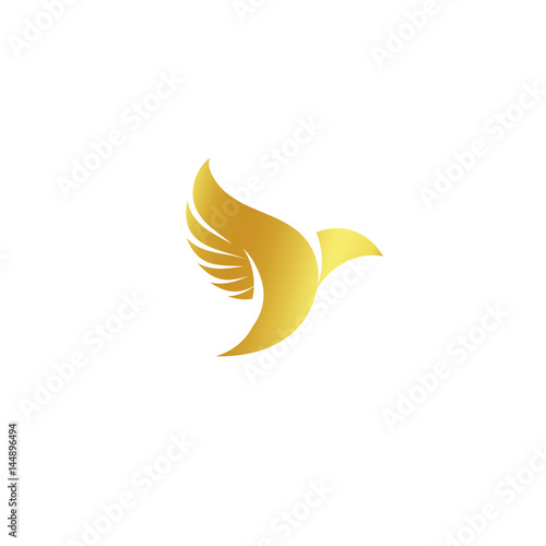 Isolated abstract gold color birds silhouettes logo on white background, wings and feathers elements logotype set vector illustration
