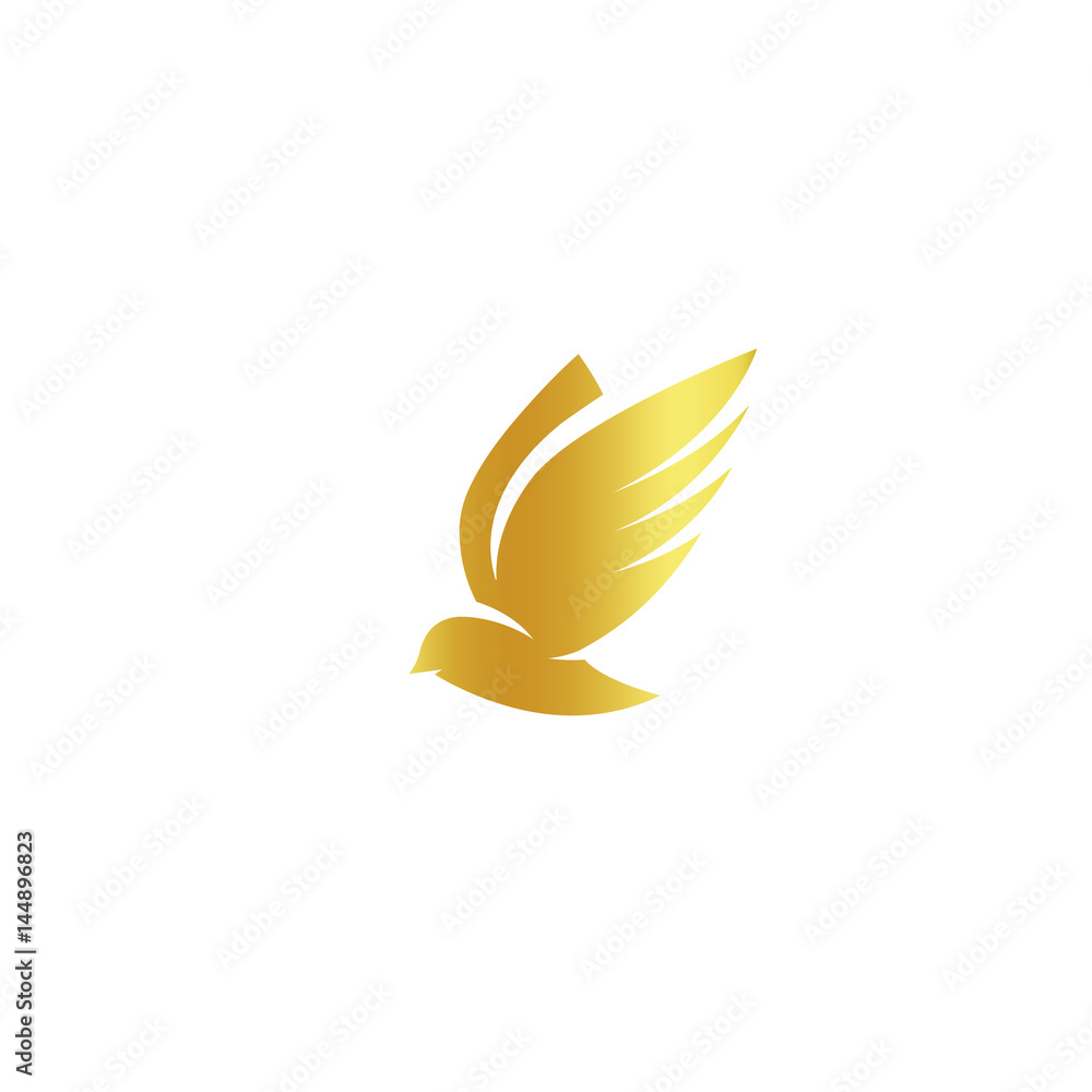 Isolated abstract gold color birds silhouettes logo on white background, wings and feathers elements logotype set vector illustration