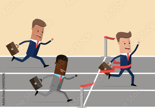 A businessman wins in a race with competitors. Business concept of competition. Vector illustration