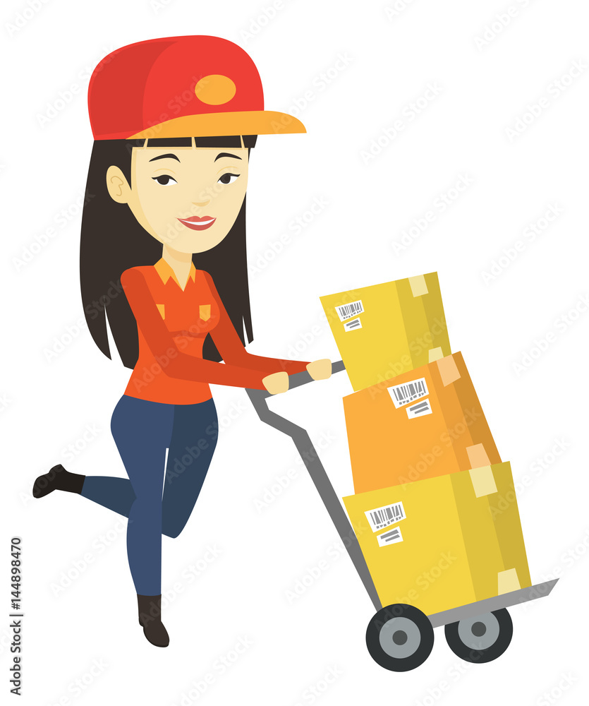 Delivery postman with cardboard boxes on trolley. Delivery postman with cardboard boxes on trolley.