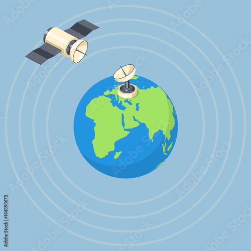 Orbit and dish satellite on earth planet.
